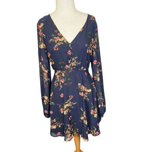 LULUS Floral Print Midi Dress Long Sheer Sleeves Zip Back Size Small Navy Blue - Picture 12 of 12